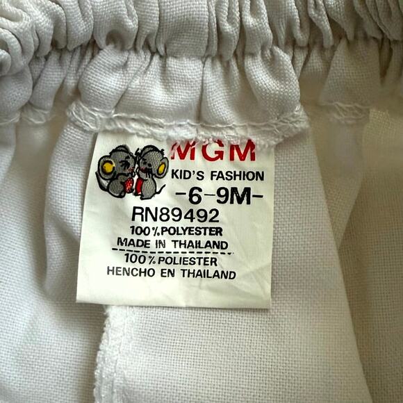 Vintage 90s MGM Kids Fashion 4-Piece Cap Vest Shorts Set Boys 6-9M White Bow - Picture 8 of 9